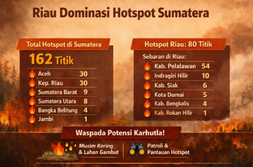 Sebaran titik panas di Sumatera dan Riau hari ini.(infografis/AI)