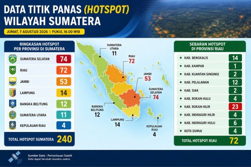 Sebaran titik panas di Sumatera dan Riau sore ini.(infografis/halloriau.com)