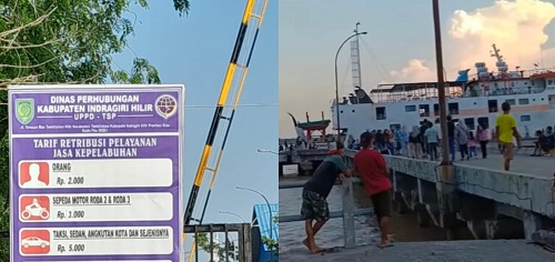 Papan retribusi pelayanan serta tampak pengunjung pelabuhan.(foto: yendra/halloriau.com)