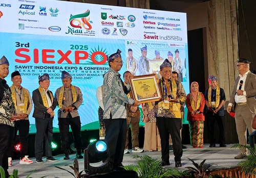 Bupati Rohil Bistamam, raih penghargaan Pembina UKM dan Koperasi Sawit di ajang SIEXPO 2025. (Foto: Afrizal)