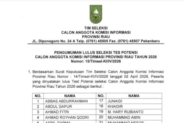 31 nama lolos seleksi awal KI Riau 2026 (foto/int)