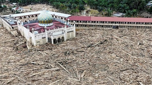 Masjid dipenuhi kayu gelondongan yang terbawa banjir bandang di Aceh.(foto: int)