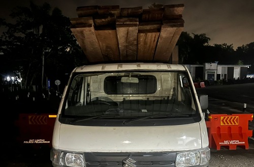 Mobil pickup pengangkut 3 kubik kayu ilegal diamankan polisi Pelalawan.(foto: andi/halloriau.com)