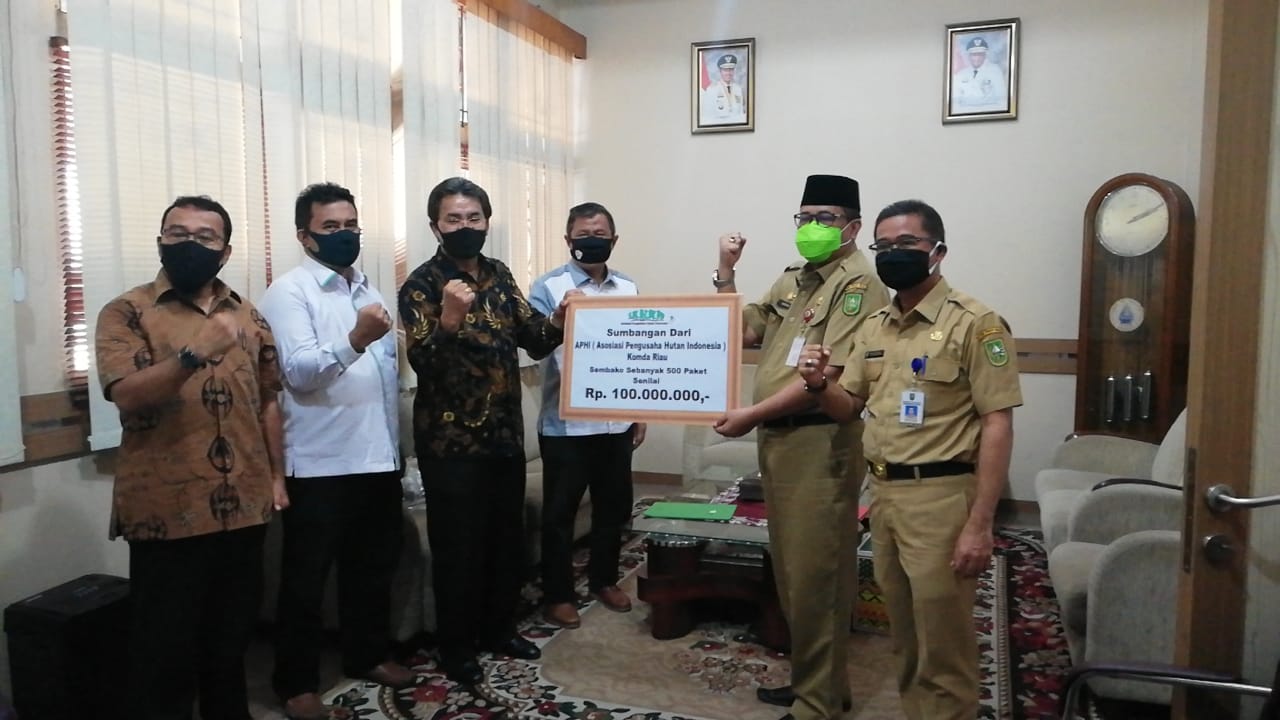 Muller Tampubolon SE, MM didampingi jajaran Ketua APHI Komda Riau, serahkan bantuan yang diterima langsung Plt Kadis LHK H Indra Putrayana. Foto Ist
