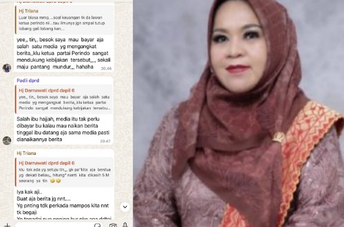 Hj Darnawati anggota DPRD Kabupaten Inhil, yang merupakan Ketua Partai Perindo Inhil dan tangkapan layar chat WAG.(foto: yendra/halloriau.com)