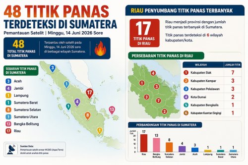 Sebaran titik panas di Sumatera dan Riau sore ini.(infografis/halloriau.com)