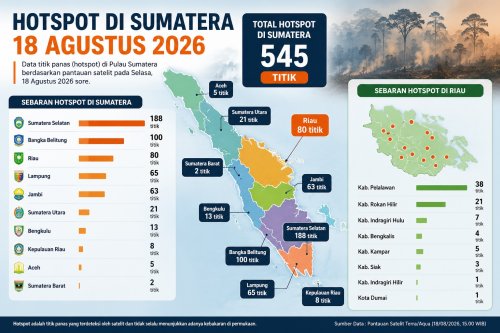 Sebaran titik panas di Sumatera dan Riau sore ini.(infografis/halloriau.com)