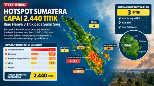Sebaran titik panas di Sumatera dan Riau sore ini.(infografis/halloriau.com)