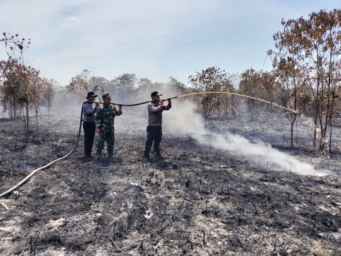 Petugas terlihat melakukan pendinginan terhadap lahan gambut yang terbakar
