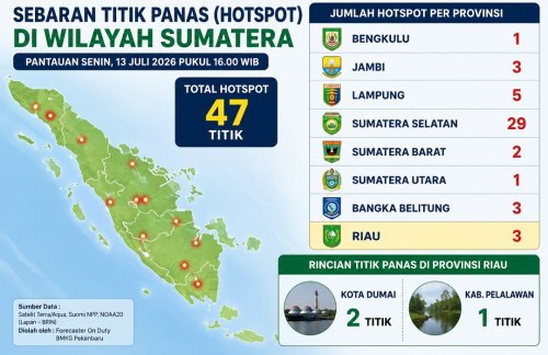 Sebaran titik panas di Sumatera dan Riau sore ini.(infografis/halloriau.com)