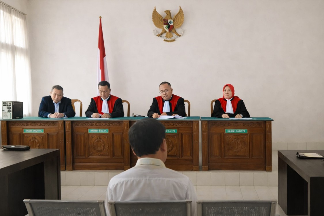 Terdakwa JS Oknum Ketua Petir, tertunduk malu saat sidang perdana di PN Pekanbaru, kasus pemerasan sejumlah perusahaan di Riau (foto/ist)