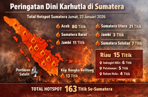 Sebaran titik panas di Sumatera hari ini.(ilustrasi/AI)