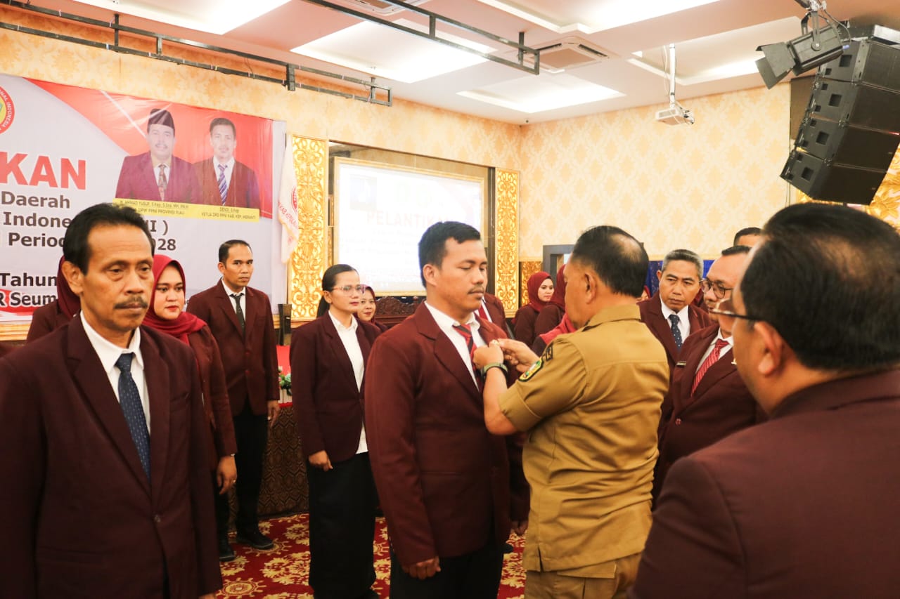 Plt Bupati Kepulauan Meranti saat menyematkan pin kepada ketua DPD PPNI yang dilantik