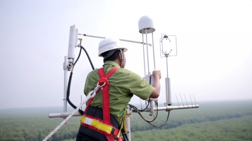 Nardi, Asisten Manager GHG Monitoring APRIL, memeriksa instrumen pemantau gas rumah kaca di puncak Menara Greenhouse Gas (GHG) Peatland, Semenanjung Kampar, Kabupaten Pelalawan (foto/dok.April)