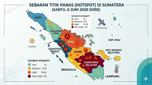 Sebaran titik panas di Sumatera dan Riau sore ini.(infografis/halloriau.com)