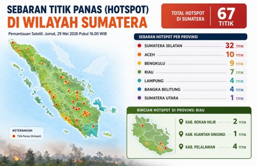Sebaran titik panas di Sumatera dan Riau sore ini.(infografis/halloriau.com)
