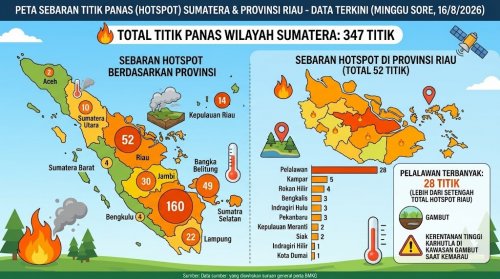 Sebaran titik panas di Sumatera dan Riau sore ini.(infografis/halloriau.com)