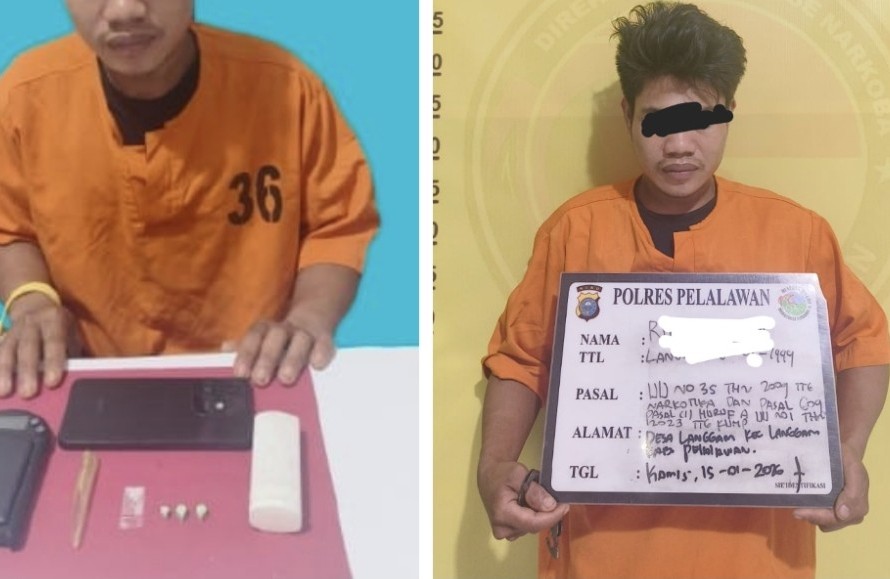 Satres Narkoba Polres Pelalawan tangkap pengedar narkoba di Langgam (foto/Andy)