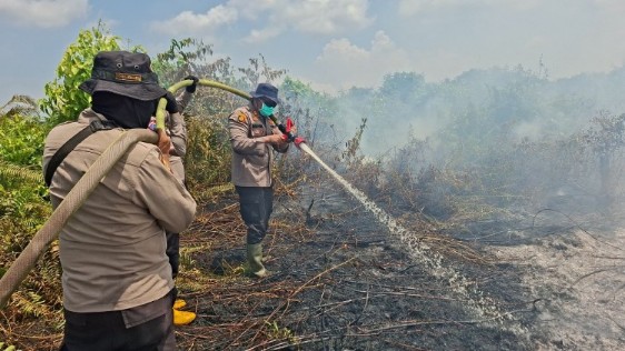 Polres Pelalawan dan Polsek Kuala Kampar bersama MPA memadamkan Karhutla di Kuala Kampar (foto/Andy)
