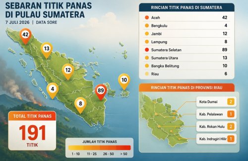 Sebaran titik panas di Sumatera dan Riau sore ini.(infografis/halloriau.com)