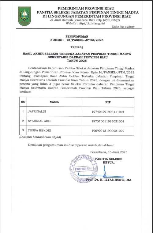 Surat hasil seleksi terbuka jabatan pimpinan tinggi madya Sekda Provinsi Riau. (Foto: Sri Wahyuni)