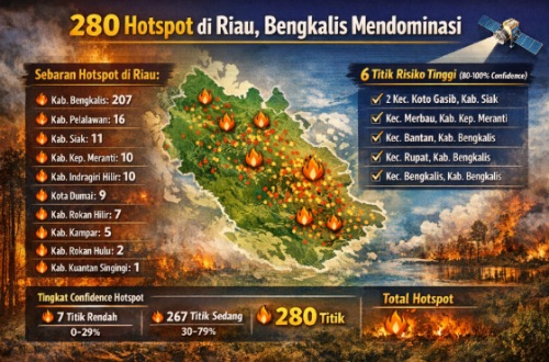 Sebaran level confidence ratusan titik panas di Riau hari ini.(infografis/AI)