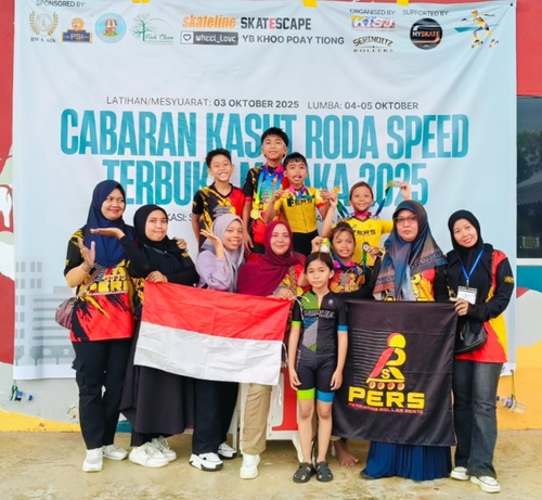 Atlet sepatu roda Kecamatan Tualang, Perawang, Kabupaten Siak, meraih Juara Umum di Kejuaraan Malaka Open Speed Challenge 2025. (Foto: Istimewa)