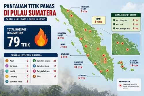 Sebaran titik panas di Suamtera dan Riau sore ini.(infografis/halloriau.com)