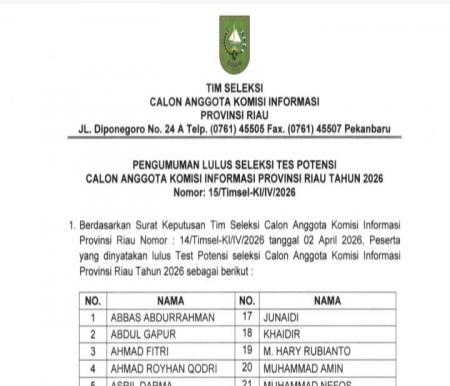31 nama lolos seleksi awal KI Riau 2026 (foto/int)