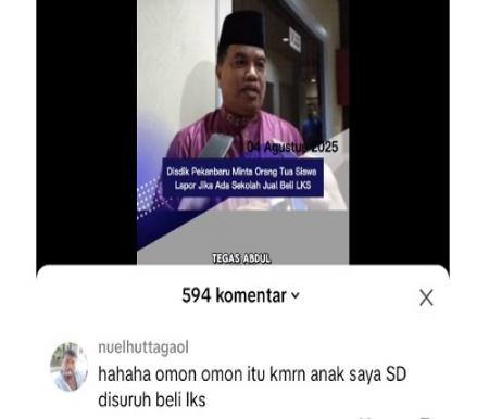 Tangkapan layar netizen komentari imbauan Kadisdik Pekanbaru laporkan sekolah yang jual beli LKS.(foto: dok/halloriau.com)