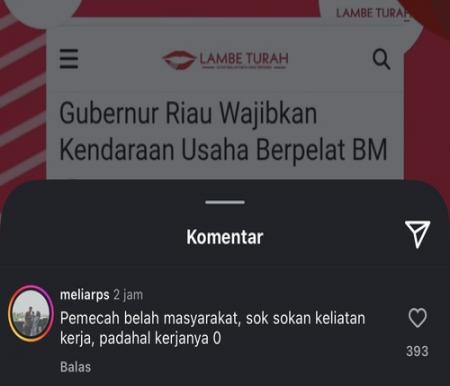 Kebijakan Gubri Abdul Wahid soal pelaku usaha di Riau wajib Plat BM menuai pro dan kontra dari netizen setelah diunggah oleh akun Lambe Turah. (Foto: Sri Wahyuni)