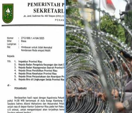 Pemprov Riau terbitkan imbauan ASN dan THL tak bawa kendaraan karena ada demo besar-besaran besok (foto/ist)