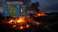 Sebaran tiga titik panas level confidence tinggi di Riau sore ini.(ilustrasi/AI/halloriau.com)
