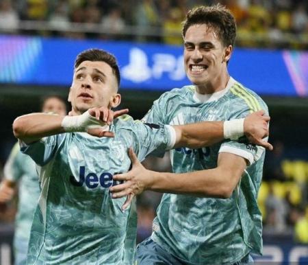 Penyerang Juventus, Francisco Conceicao, merayakan gol pada laga Villarreal vs Juventus yang merupakan bagian dari matchweek 2 Liga Champions 2025-2026 pada Kamis (2/10/2025) dini hari WIB.